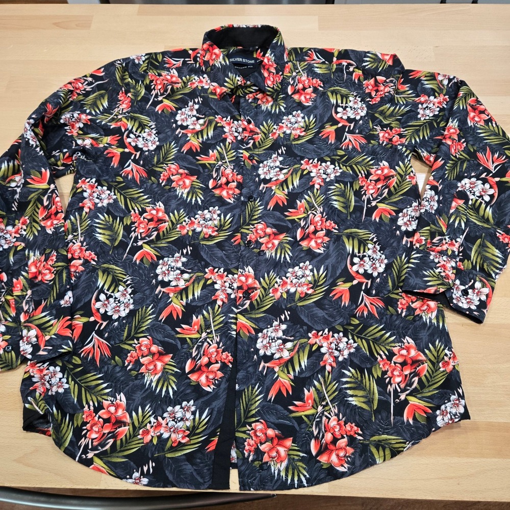 Silver Stone XXL Floral Hawaiian Shirt Mens Black Orange Modern Fit Long Sleeve